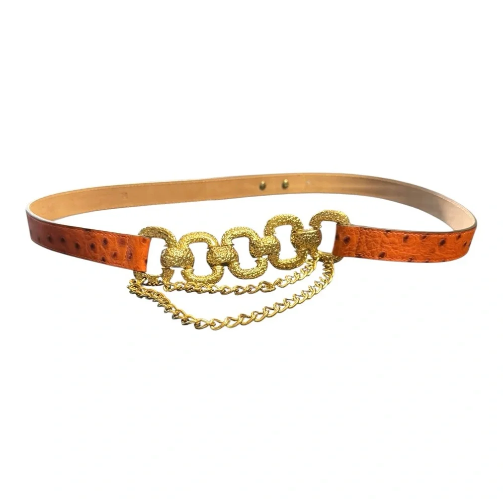 Vtg Doncaster Gold Statement Belt M‎ Ostrich Leather Made in Italy